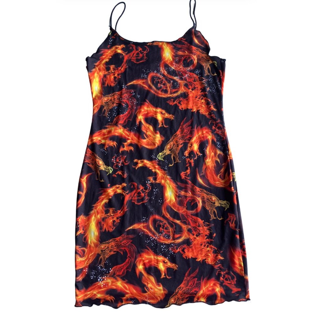 SHEIN Fire Print & Cherry Print Lettuce Trim Strappy Dresses Medium (Set of 2) - Picture 2 of 5
